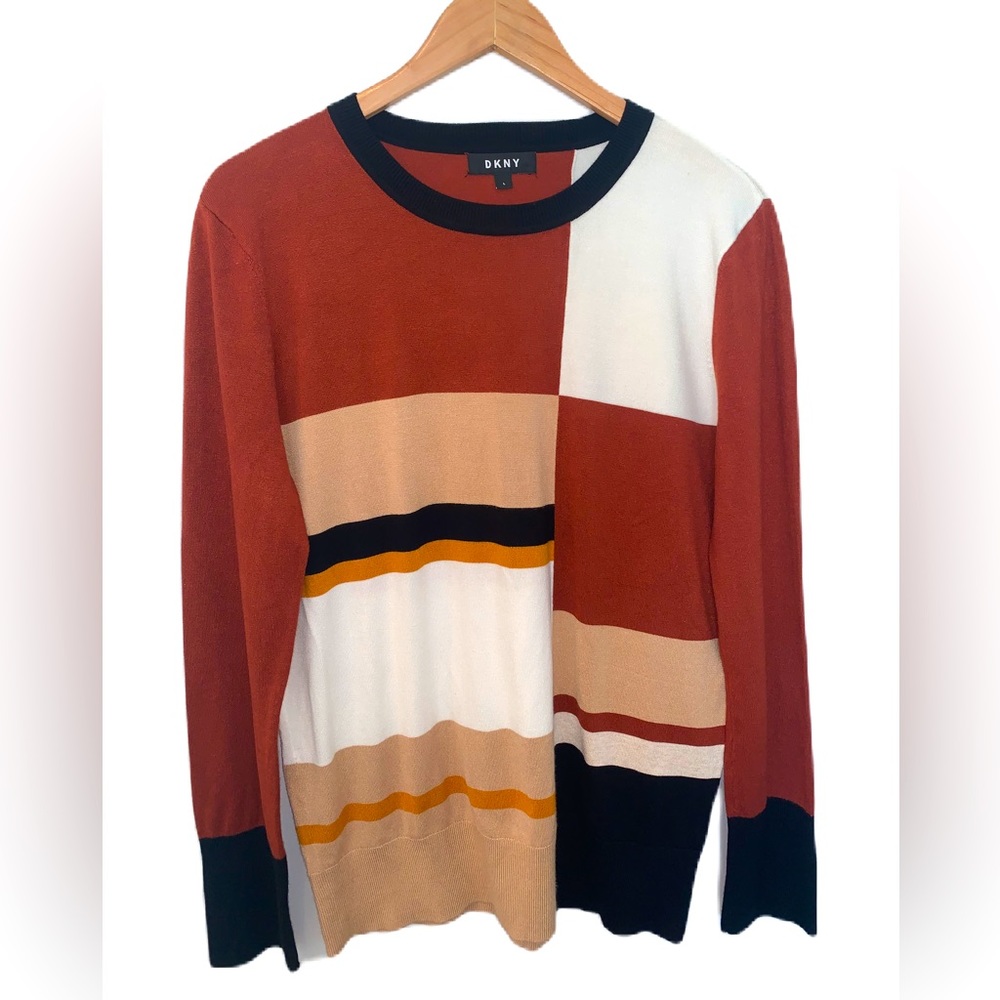 DKNY Women’s Color block Crew Neck Viscose Blend Sweater Size Large